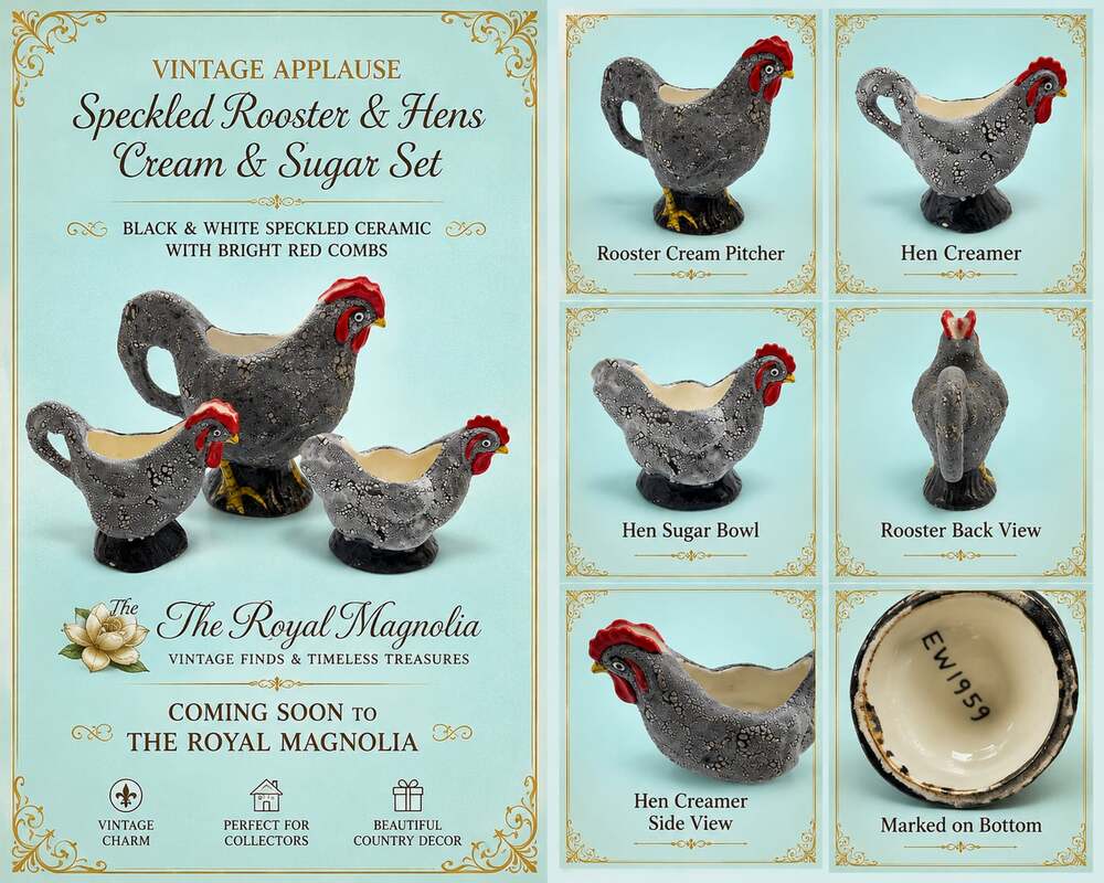 Vintage Applause Speckled Rooster & Hen Cream and Sugar Set